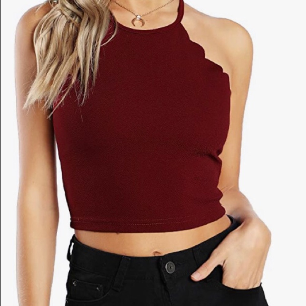 Wine/burgundy scalloped crop halter top
